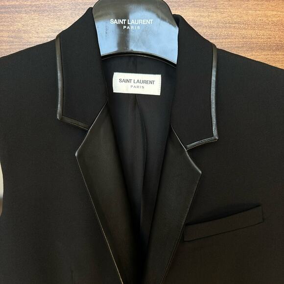 Saint Laurent Tuxedo Jumpsuit size FR 34 Black Wool Leather trim Pants - Picture 8 of 11